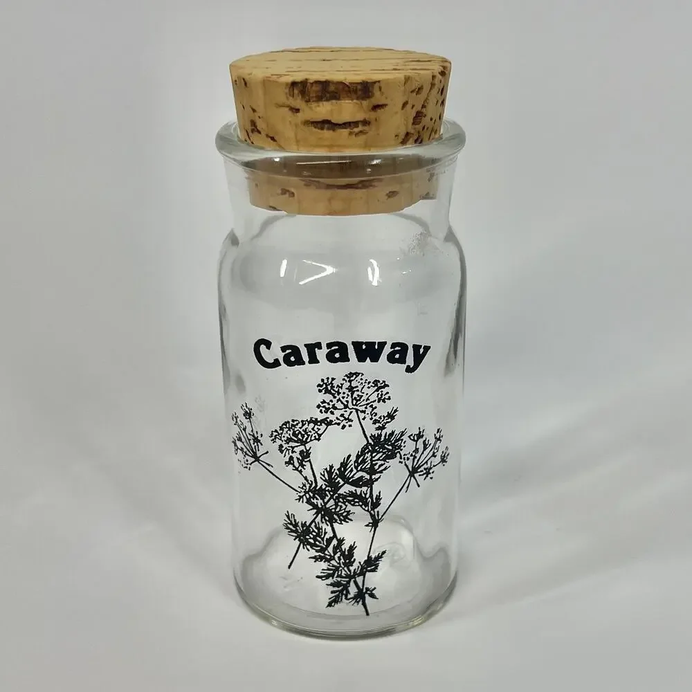 Vintage 70s Wheaton Botanical Glass Spice Jar w/ Cork Lid - Caraway Seed